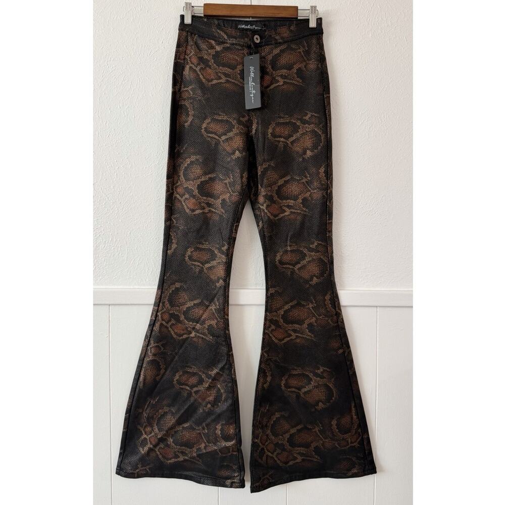 Willow Boutique XL Brown Snake Print Flare Pants High Rise Stretch Bell Bottom - Picture 3 of 10